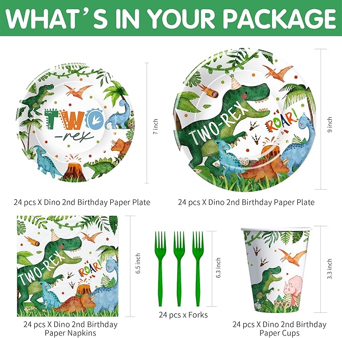 Dinosaur Two Rex Birthday Decorations Boy, Dino Theme Dinosaur Birthday Party Supplies Tableware, Paper Plate, Cup, Napkin, Fork, 24 Guests