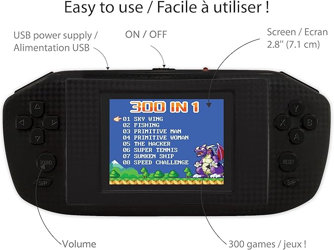 LEXiBOOK JL3000 Power Cyber Arcade Portable Game Console, 300 Games, 2.8" LCD Color Screen, Black