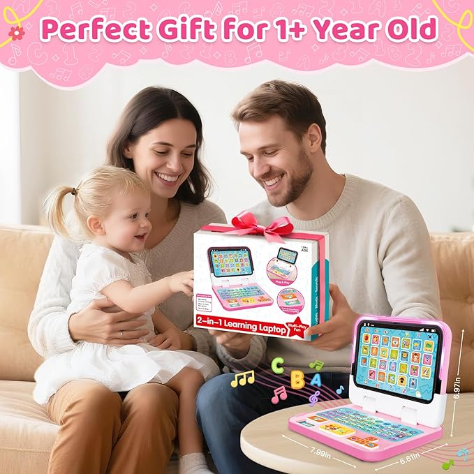 Learning Toy for Kids 1 2 3 Year Old Boys Girls, Learning Laptop for Toddlers 1-3, Interactive Educational Toys with Music Sounds Lights, Christmas Birthday Gifts for Baby Kids Age 12-18 Months, Pink