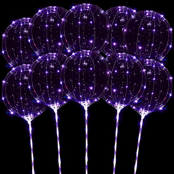 LED Balloons Light Up, 10 Pack LED Balloons with Sticks, 20 Inch Clear Bobo Balloon with Lights Helium Glow Bubble Lights for Party Supplies Valentines Decor (Purple)