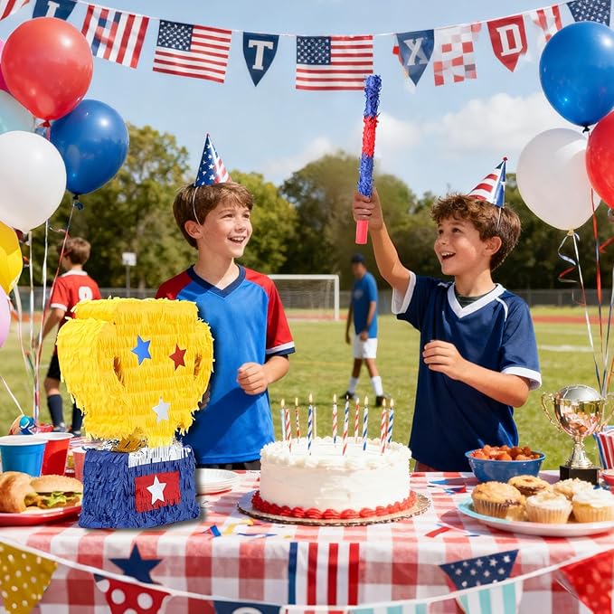 Gold Trophy Pinatas Bundle with a Blindfold and a Bat (Small Size 15.5 x 13 x 4 Inches), Perfect for Sport Team School Event Parties, Champion Award Ceremony Party Decorations Games