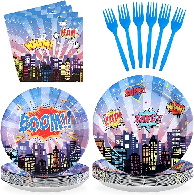 96Pcs Super Theme Hero Party Decorations Blue Hero Cityscape Plates and Napkins Sets Hero's Theme Comic City Party Decorations Favor for Boys Girls Spider Video Game Fun Birthday Supplies Serves 24