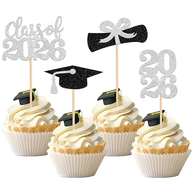 36 PCS 2026 Graduation Theme Cupcake Toppers Glitter Class of 2026 Grad Cap Diploma Cupcake Picks 2026 Graduation Theme Party Cake Decorations Supplies Silver