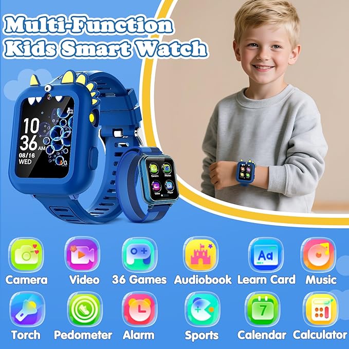 Kids Smart Watch Boys Gift Age 3-12 with 39 Games Alarm Clock Camera Video Music Player Pedometer Flashlight 12/24 hr HD Touch Screen Kids Watch Birthday Boys Gift Toys for 4 5 6 7 8 9 10 Years Olds