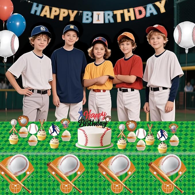 Oigco Baseball Party Decorations 4-Pack Baseball Tablecloth Disposable Plastic Table Cover for Games Birthday Party, 54 x 108 Inch