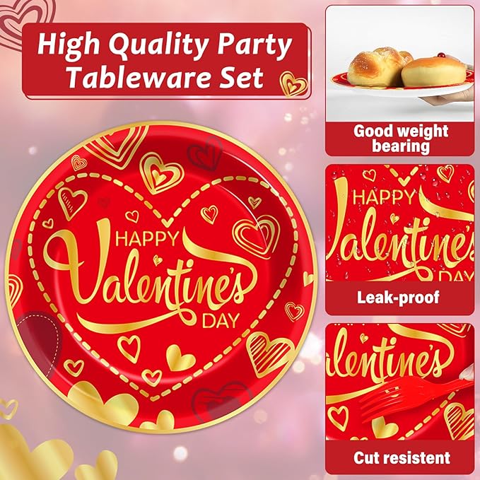 gisgfim 96 Pcs Valentine's Day Party Plates and Napkins Party Supplies Valentines Day Party Tableware Set Red and Gold Party Decorations Favors for Girls Boys Birthday Baby Shower Serves 24