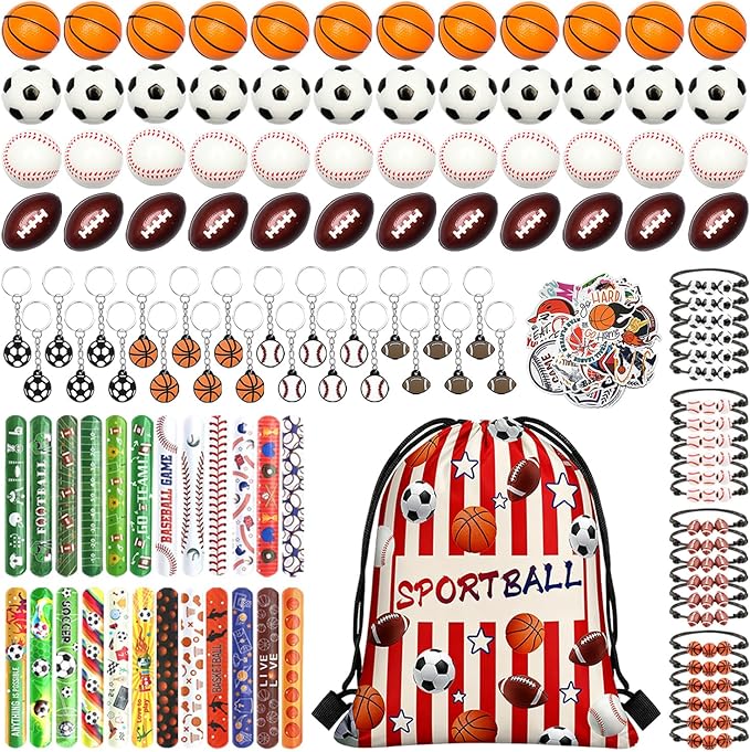 169 Pcs Sportball Party Favors Bulk 48 Pcs Sportball Stress Balls and Sport Stickers 24 Pcs Sport Keychain and Wristbands and Snap Bracelets Drawstring bags for Team Birthday Party Supplies