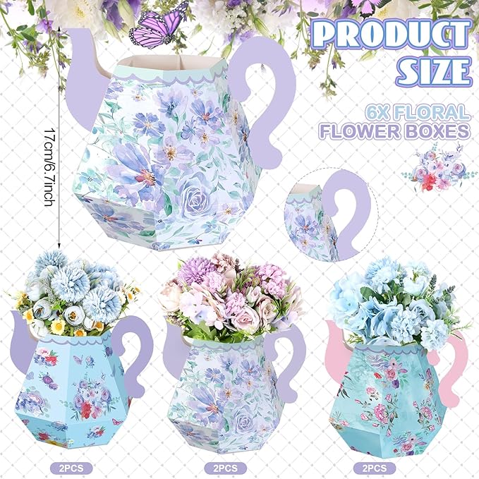 Fulmoon 6 Pcs Tea Party Decorations 6.7'' Flower Box Table Paper Teapot Princess Centerpiece Vase Table Decor Wonderland Fancy Party Decor for Floral Tea Birthday Baby Shower Wedding (Elegant)