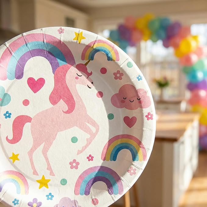 Unicorn Themed Party Decorations Supplies Rainbow Unicorn Themed Party Tableware Set Include Plates, Cups, Napkins,Cutlery and Straw for Baby Shower, Birthday Party Decorations Serves 24