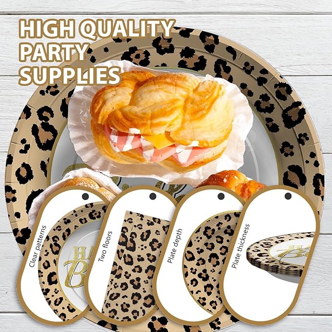 Grencian 96 Pcs Cheetah Print Birthday Decorations Leopard Print Party Supplies Brown Leopard Plates and Napkins Safari Themed Paper Plates for Birthday Jungle Safari Cheetah Theme Party Serves 24