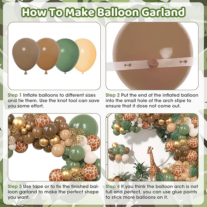 170Pcs Jungle Safari Balloons Garland Kit, Safari Baby Shower Decorations Sage Green Brown & Animal Print Balloons Palm Leaves for Woodland Themed Giraffe Wedding Two Wild One Birthday Party Supplies