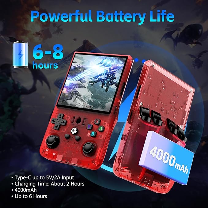 R36MAX Handheld Game Console, Retro Gaming Console with 4000mAh Battery 4.0”IPS Screen, Open Source Linux System, with 64GB TF Card Portable Video Gaming Console, Transparent Ruby