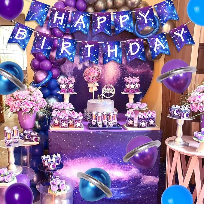 Galaxy Birthday Decorations Galaxy Happy Birthday Banner Space Astrology Party Decorations for Boys Girls Planet Starry Sky Theme Party Banner Supply for Solar System Themed Space Nebula Bunting Decor
