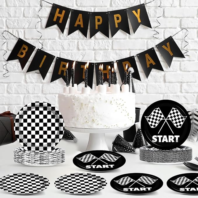 CHUNNIN 50 PCS Black and White Checkered Party Plates for Race Car Themed Party Decoration - 7 Inch Race Car Checkered Birthday Paper Disposable Dessert Plates for Kids Boys and Girls Party Supplies