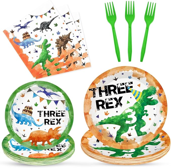 WERNNSAI Three Rex Birthday Decorations - 64PCS Dinosaur Plates Napkins and Forks Dinosaur 3rd Party Decorations 3 Rex Plates and Napkins for Kids Boys 3 year old Birthday Decor Serves 16 Guests