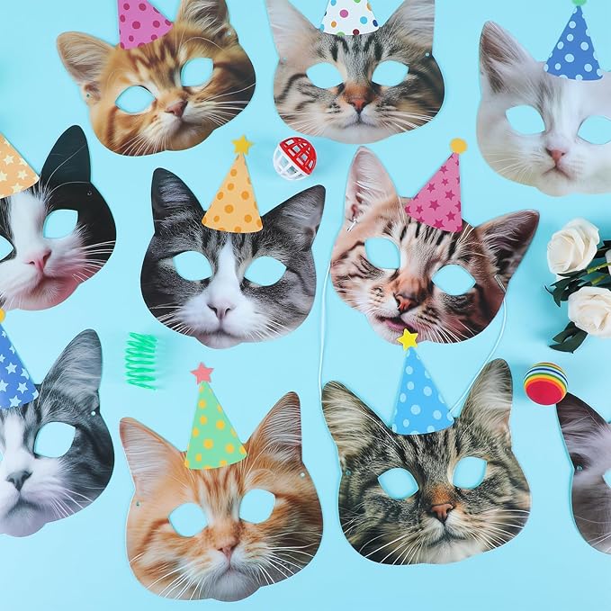 CHUNNIN 12 Pieces Cat Birthday Party Decoration Masks Cat Favors Kitten Party Kitten Decoration Masks Facial Cats Theme Cats Supplies for Birthday Dress Up & Pretend Play Supplies