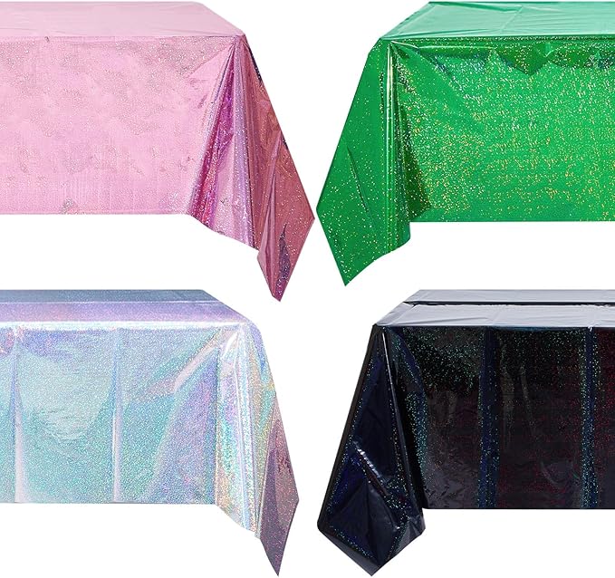4 Pcs Witch Themed Holographic Tablecloth for Party Pink Green Silver Black 54" x 108" Wedding Witch and Princess Themed Movie Decoration Iridescent Metallic Plastic Glitter Laser Table Covers