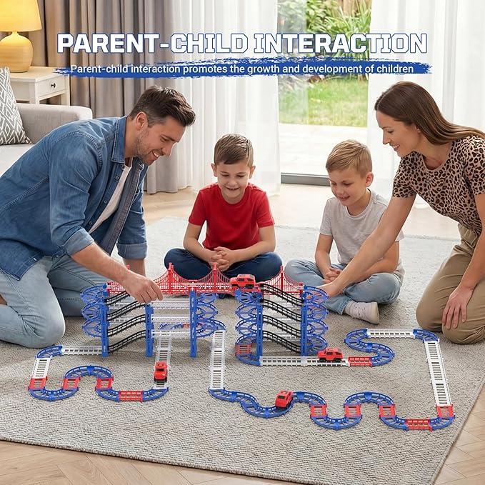 DIY Construction Race Track Set, 24 Pieces with Battery Powered Car,Bridge Building Track ，Assembly Track Builder Playset Gifts Toys for Boys Kids Age 6 7 8