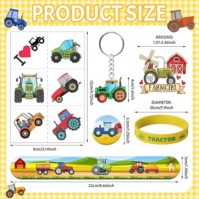 110Pcs Tractor Party Favors for Kids - Farm Birthday Party Decorations and Supplies with Slap Bracelets, Tattoos, Stickers, Keychains & Buttons, Tractor Goodie Bag Fillers for Boys