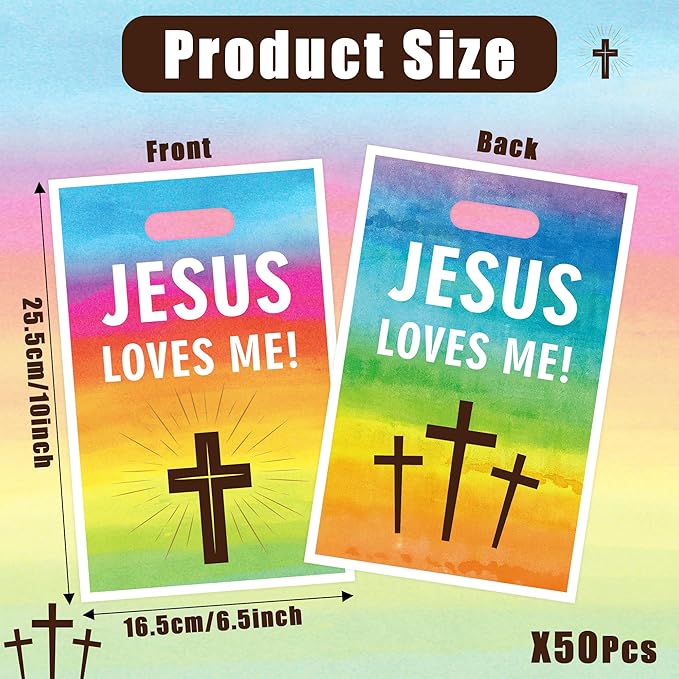 Jesus Loves Me Party Favor Bag - 50Pcs Rainbow Religious Christian Goodie Candy Treat Gift Bags Christian Cross Party Supplies for Valentine's Day Sunday School VBS Church Bible Verse Easter Birthday