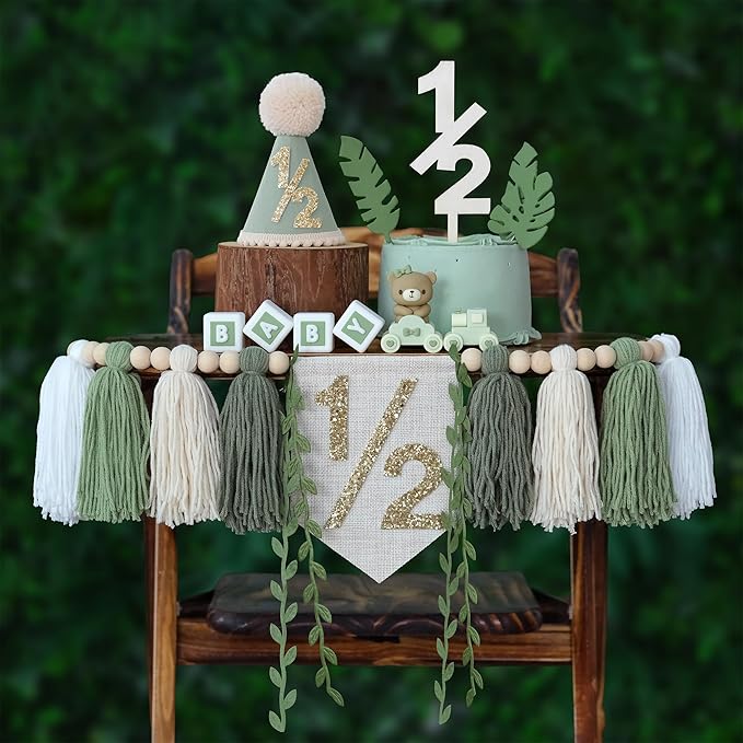 1/2 Birthday High Chair Banner For Half Way To One Party Decorations Wood Bead Tassel Garland Green Crown Hat Wooden Cake Topper Happy Half Year Party Photoshoot Props