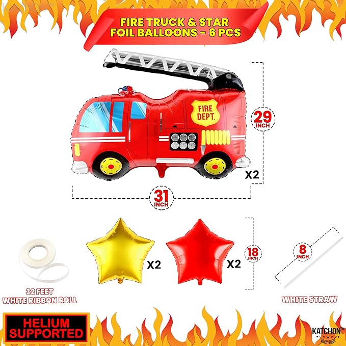 Katchon, Fire Truck Balloons for Birthday Set - Pack Of 6 | FireTruck Party Supplies | Firetruck Balloon For Birthday Decorations | Firefighter Balloons, Balloon for Fire Truck Decorations