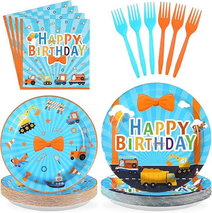 96 Pcs Blue Orange Cartoon Party Supplies Cartoon English Teacher Paper Plates Blue Orange Birthday Party Platter Tableware for Boy Girl Kids Teacher Back to School Themed Parties Decor Serves 24