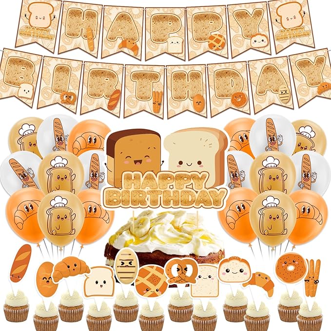 Toast Bread Birthday Party Supplies - Includes Banner, Cake Topper, Cupcake Toppers, Balloons for Bread Theme Party
