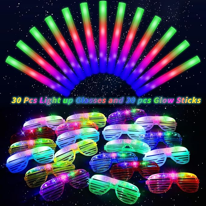 Glow Sticks Bulk Party Pack, 60 Pcs: Light Up Glasses, Foam Glow Sticks, Neon Accessories, Glow in the Dark Party Supplies Set for Disco, Wedding, Birthday, Concert, Halloween, Raves