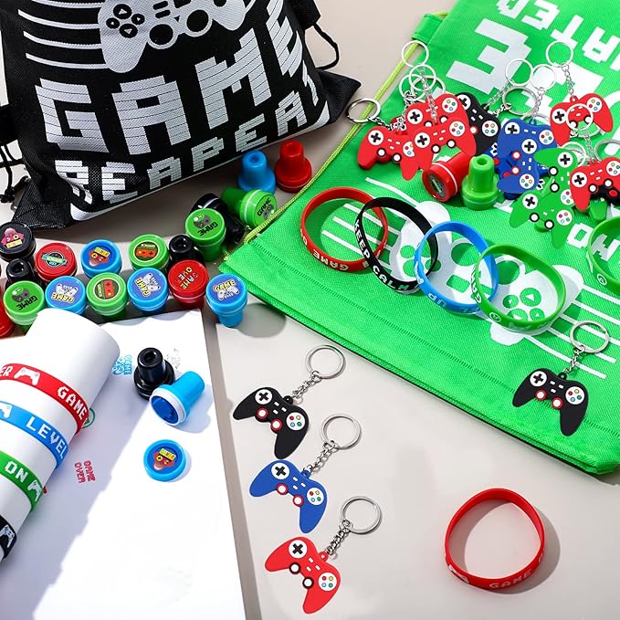 Aoriher 60 Pieces Video Game Party Favors Gifts Set Includes 20 Video Game Bracelets Wristbands 24 Stampers and 16 Handle Keychains for Party Supplies(Classic Style)