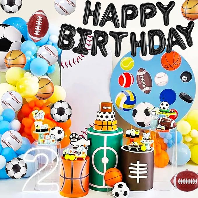 Sports Birthday Party Decorations Football Basketball Baseball Soccer Balloons, Aluminium Foil Happy Birthday Banner Sports Themed Party Supplies for Boys Kids