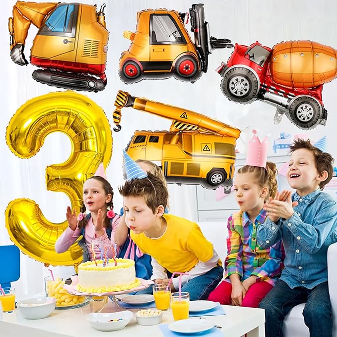 Construction Birthday Party Supplies 3 Year Old, Large Construction Balloons 40Inch Gold Number 3 Balloon Construction Truck Foil Balloons for Boys 3rd Construction Birthday Party Decorations
