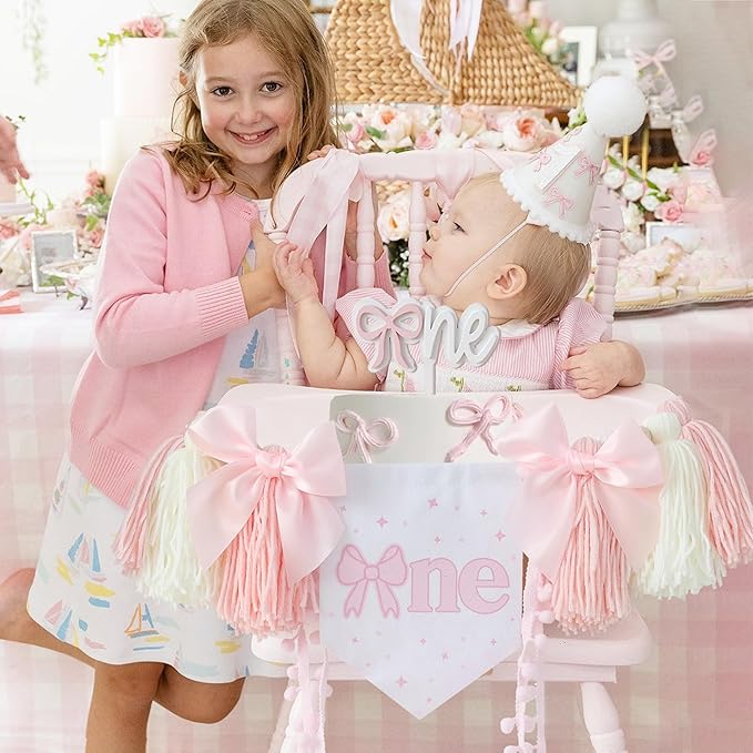 Pink Bow 1st Birthday Highchair Banner Decorations Wood Bead Tassel Garland Cone Hat Wooden Cake Topper For Baby Girls