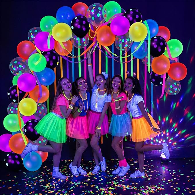 LovesTown 66PCS Glow Party Assortment, UV Neon 12" Fluorescent Latex Decorations with Dots for Birthday, Wedding & Party Supplies (Pack of 2)