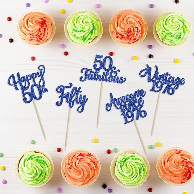 Ephlyn 30Pcs Happy 50th Birthday Cupcake Toppers Glitter Fifty Vintage 1976 Cupcake Picks Cheers to 50 Fabulous Cake Decorations for 50th Birthday Wedding Anniversary Party Supplies Dark Blue
