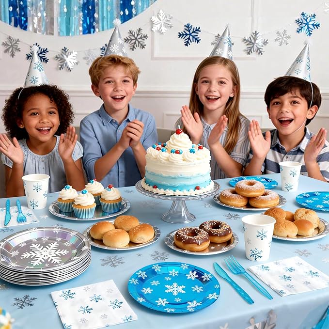 144Pcs Snowflake Frozen Birthday Party Supplies Decorations Laser Paper Plates Napkins Vintage Party Tableware Disposable Snow Dinnerware Set for Kids Birthday Baby Shower Table Decor, Serve 24