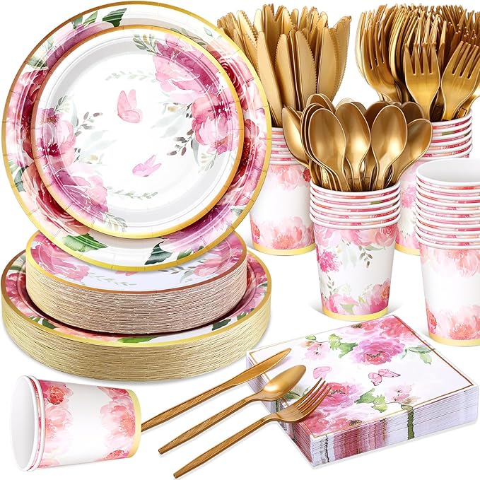 350 Pcs Tea Party Supplies Spring Summer Sage Green Sunflower Party Tableware Set Disposable Plates Napkins Paper Cups Plastic Cutlery Set For Birthday Bridal Baby Shower Serves 50(Floral)