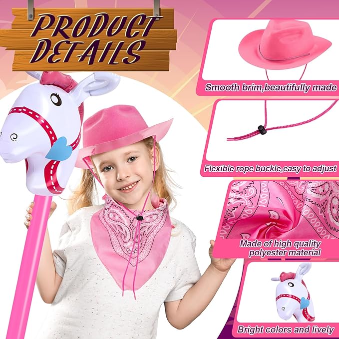 Xtinmee 36 Pcs Cowboy Party Costume Set, Cowboy Hats Paisley Bandanas Inflatable Stick Horses Kids Party Supplies