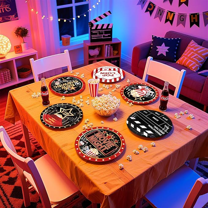 Grencian 60 Pcs Movie Night Paper Plates 9" Disposable Heavy Duty Now Showing Theater Dessert Paper Plates Movie Theme Tableware Set for Film Action Light Camera Red Carpet Birthday Party Decorations