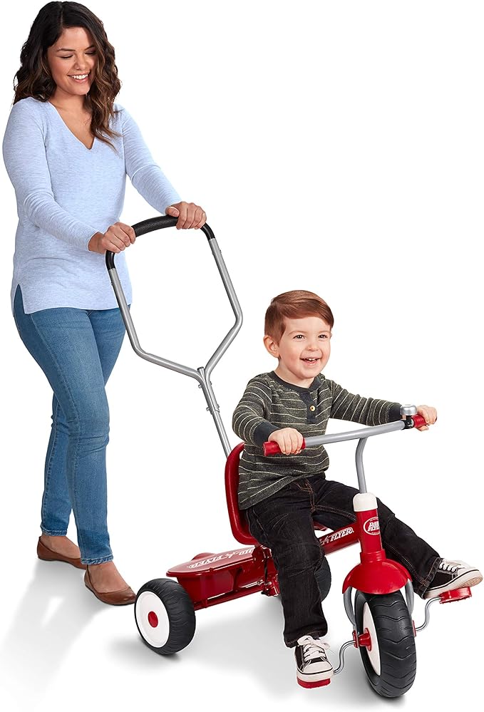Radio Flyer Deluxe Steer & Stroll Trike, Red, for Kids 2-5, 2-in-1 Parent Steer Tricycle, Removable Push Handle, Adjustable Seat, Steel Frame, Covered Storage Bin, Tricycle for Toddlers and Kids
