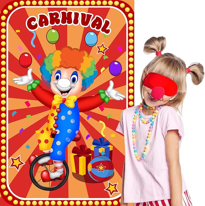Hxezoc Circus Party Games, Pin The Noses on The Clown With 32 Pcs Nose Stickers, Large Carnival Clown Games Poster for Kids Birthday Party School Classroom Carnival Party Supplies