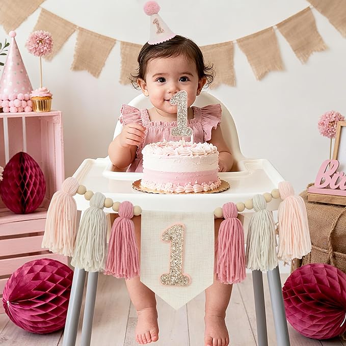 Pink Baby Girl 1st Highchair Banner Wood Bead Tassel Garland Conical Cap Bling Cake Topper Birthday Party Decorations