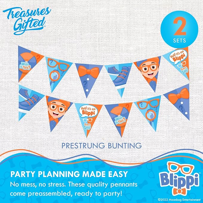 Treasures Gifted Officially Licensed Blippi Birthday Party Supplies - Set of 3 Pre-Strung Birthday Banners - 1 Banner & 2 Triangle Pennants - Blippi Party Decorations
