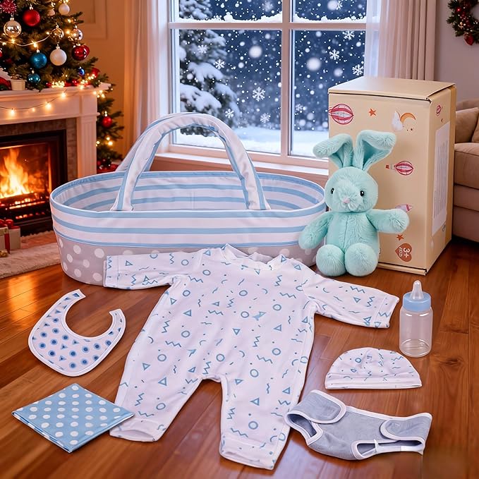 BABESIDE 8 Pcs Reborn Baby Doll Clothes with Bassinet for 17-22 Inch Babydolls, Reborn Baby Doll Accessories fit Dolls, Babydolls Clothes for Realistic Dolls,Toy Gift for Boys Girls