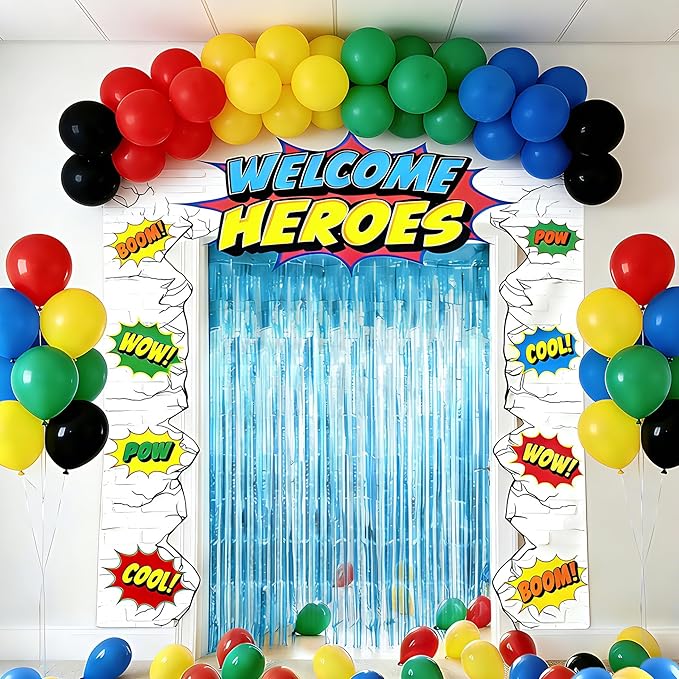 80PCS Hero Themed Birthday Party Decorations Supplies - Door Porch Banner Backdrop Balloons Blue Foil Fringe Curtains for Kids Birthday Baby Shower Classroom Photo Booth Prop