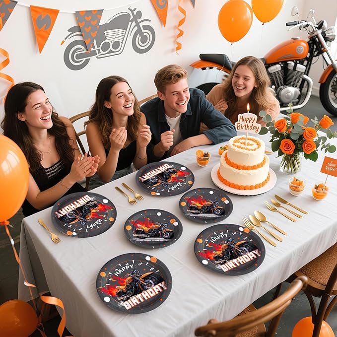 96Pcs Motorcycle Birthday Party Decorations Dirt Bike Birthday Paper Plates and Napkins Sets Black and Orange Dirt Bike Motorbike Decorations for Boys Motorcycle Theme Bday Party Supplies Serves 24