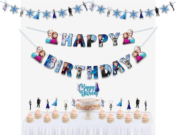 Frozn Theme Birthday Party Supplies - Decoration Set for Girls Celebration, Ice Princess Party Décor Kit with Banner, Cake Topper, Cupcake Toppers and Table Decorations for Home Event Setup