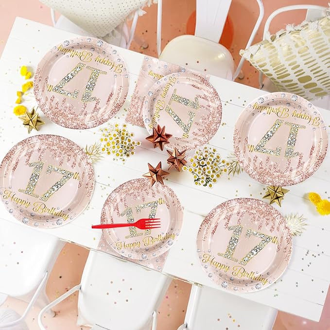 96 PCS 17th Birthday Party Decorations Rose Gold 17 Years Old Birthday Party Plates and Napkins Disposable 17th Birthday Paper Tableware Set for Girls Seventeen Birthday Party Supplies, Serves 24