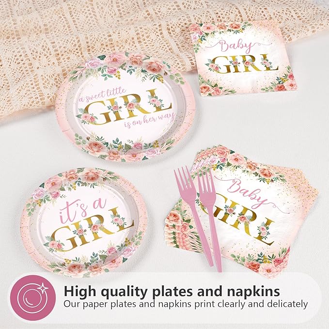 96 Pcs Baby in Bloom Baby Shower Decorations Disposable Its a Girl Paper Plates and Napkins Spring Pink Floral Tableware Set for Girls Baby Birthday Party Gender Reveal Supplies Serve 24