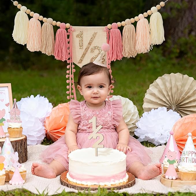 1/2 Pink Baby Girl Birthday Highchair Banner Wood Bead Tassel Garland Half Birthday Conical Cap Wooden Cake Topper Happy Half Year Party Photoshoot Props